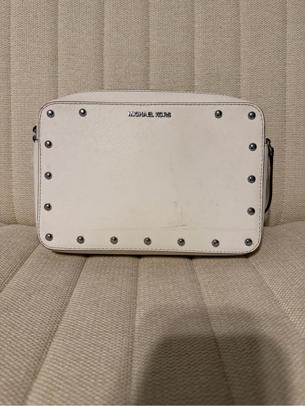 Michael Kors White Saffiano Leather Studded Camera Bag